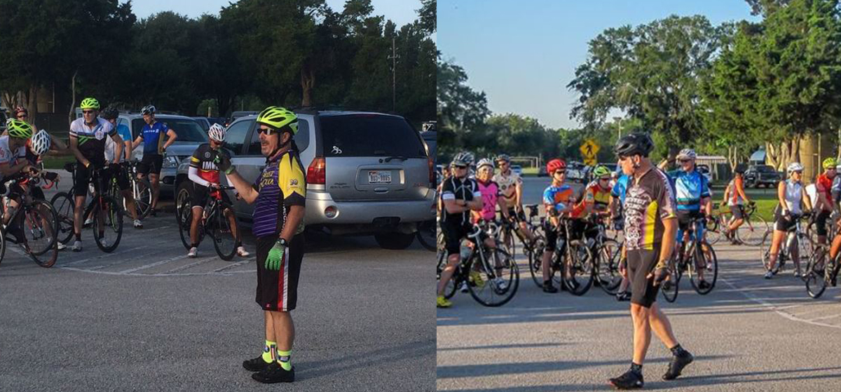 Veteran ride starters like Dave Unger, left, and Carl Grasshoff send cyclists out of Zube Park in an orderly manner.